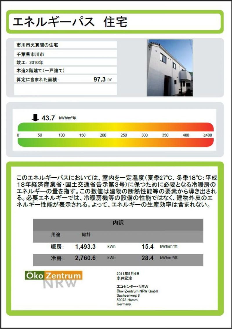 千葉県市川市の住宅で取得された「エネルギーパス」