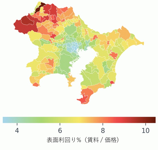 東京都心は利回りが低く、郊外は高い。