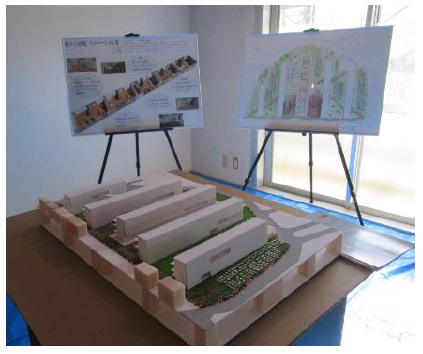 建築学生が考えた団地活性化のパネル・模型作品を展示する（写真は２０１８年１１月の現地イベント時）