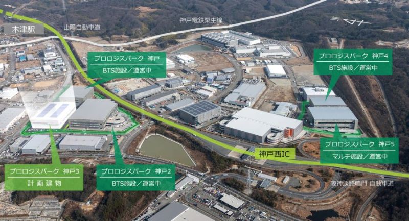 「プロロジスパーク神戸３」が建設される産業団地（空撮に建物等を合成）。プロロジスは団地内に５棟開発