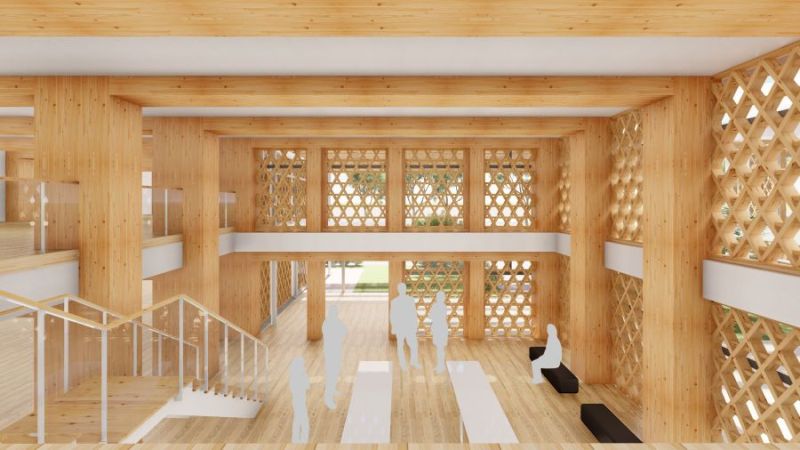 アキュラホームの新社屋内のイメージ。現しを採用し、木材のよさを訴求する