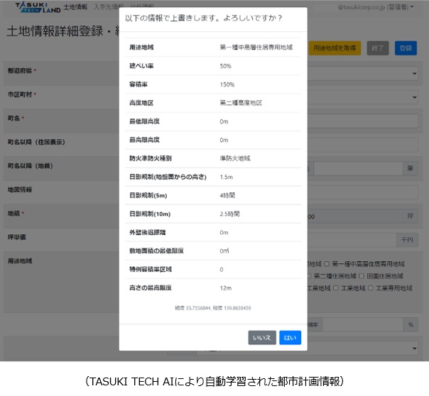 「TASUK　TECH　ＡＩ」によって自動学習された都市計画情報